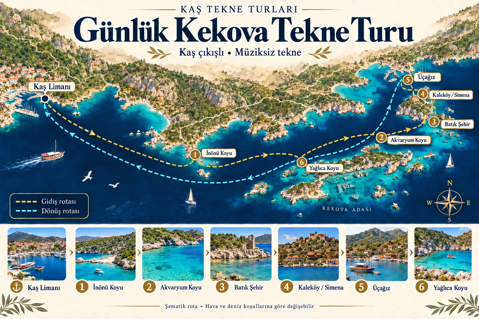 Kaş Limanı, İnönü, Akvaryum, Batık Şehir, Kaleköy, Üçağız ve Yağlıca üzerinden günlük Kekova turu rotası